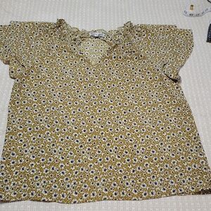 Floral Ruffle Sleeve Top - Mustard